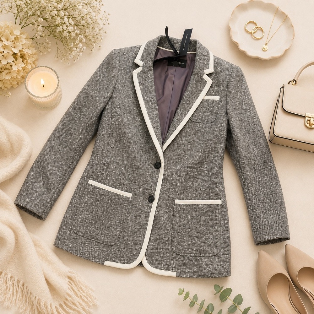 Banana Republic Hacking Jacket Tweed Blazer White Trim Career Size 4